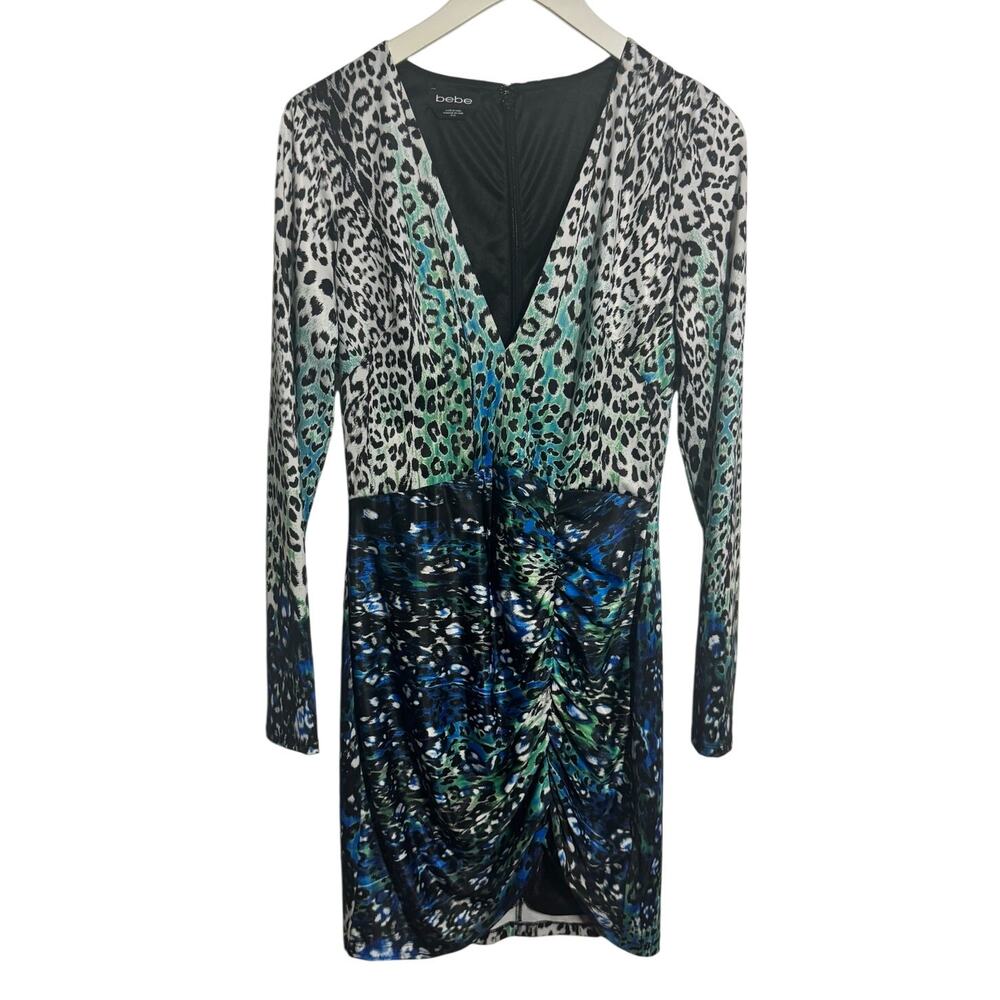 bebe Dress Women M Blue Leopard Lace Trim Long Sleeve Y2K Going Out Club Ruched